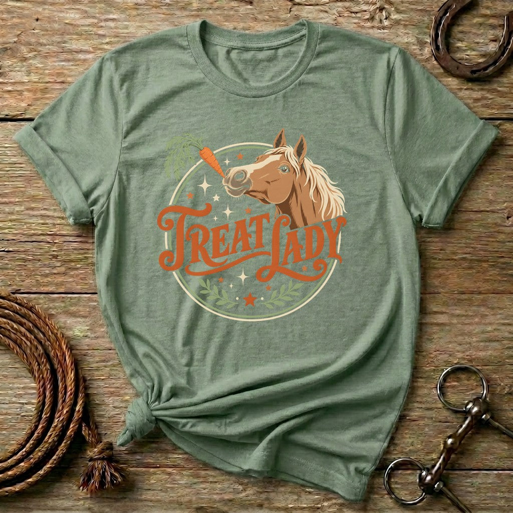 Sage Treat Lady vintage horse t-shirt with a palomino reaching for a carrot