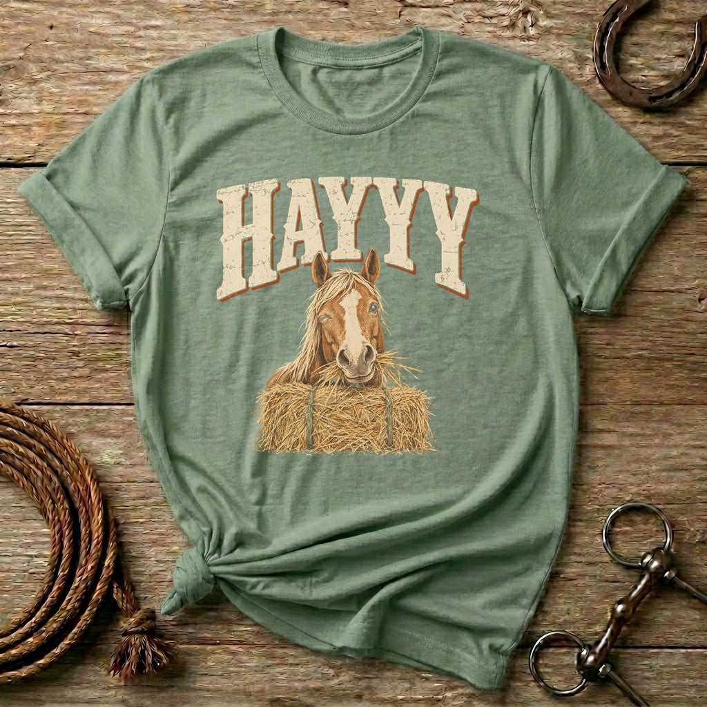 Sage HAYYY funny horse t-shirt with a winking chestnut horse eating hay